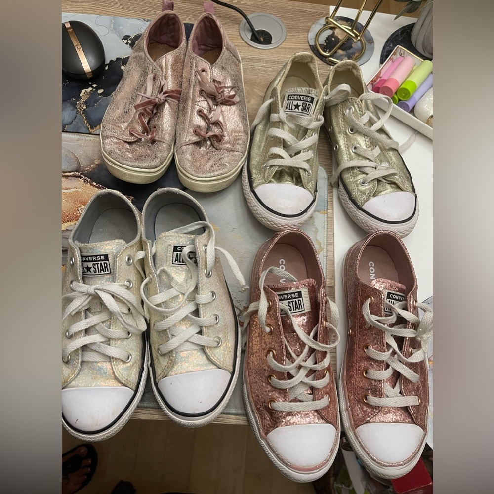converse, all-star girls, sparkle, metallic tennis shoes, size 2 pink pearl gold